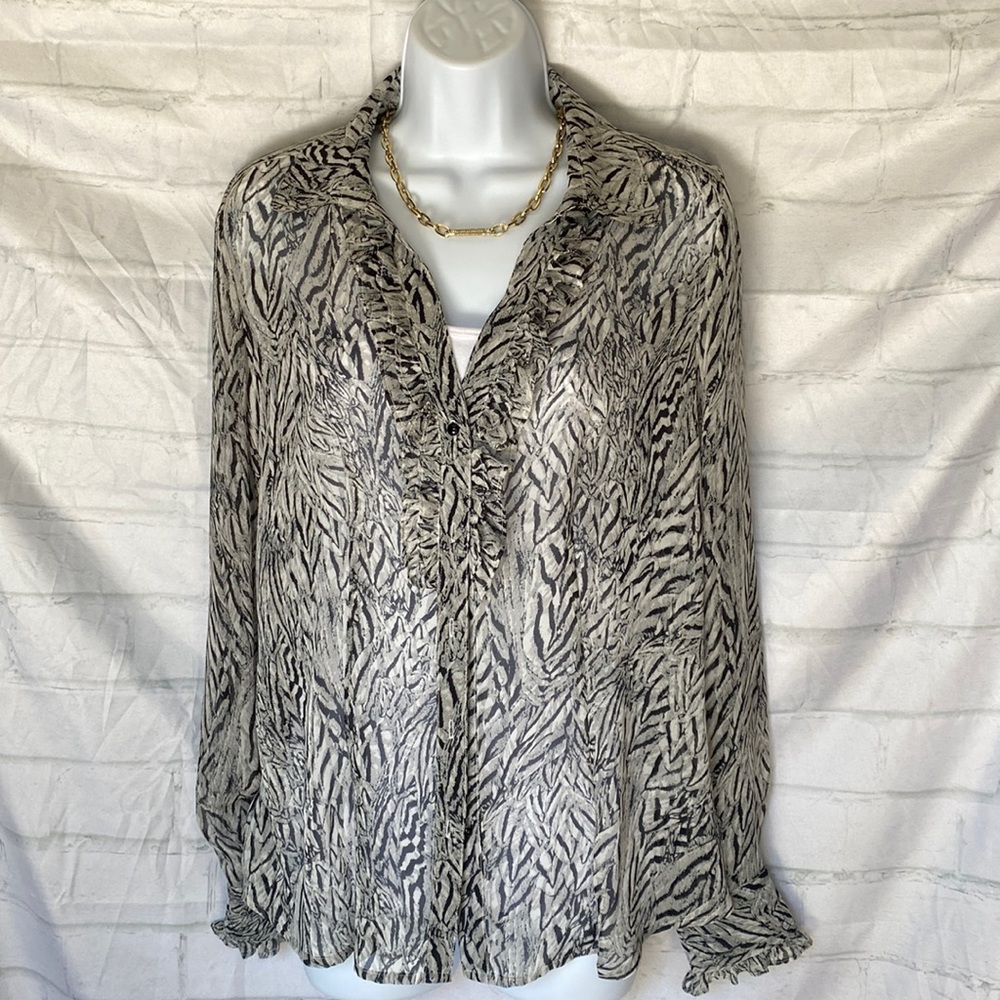 Sandra Ingrish sheer poplin animal print long sleeve colored blouse size medium